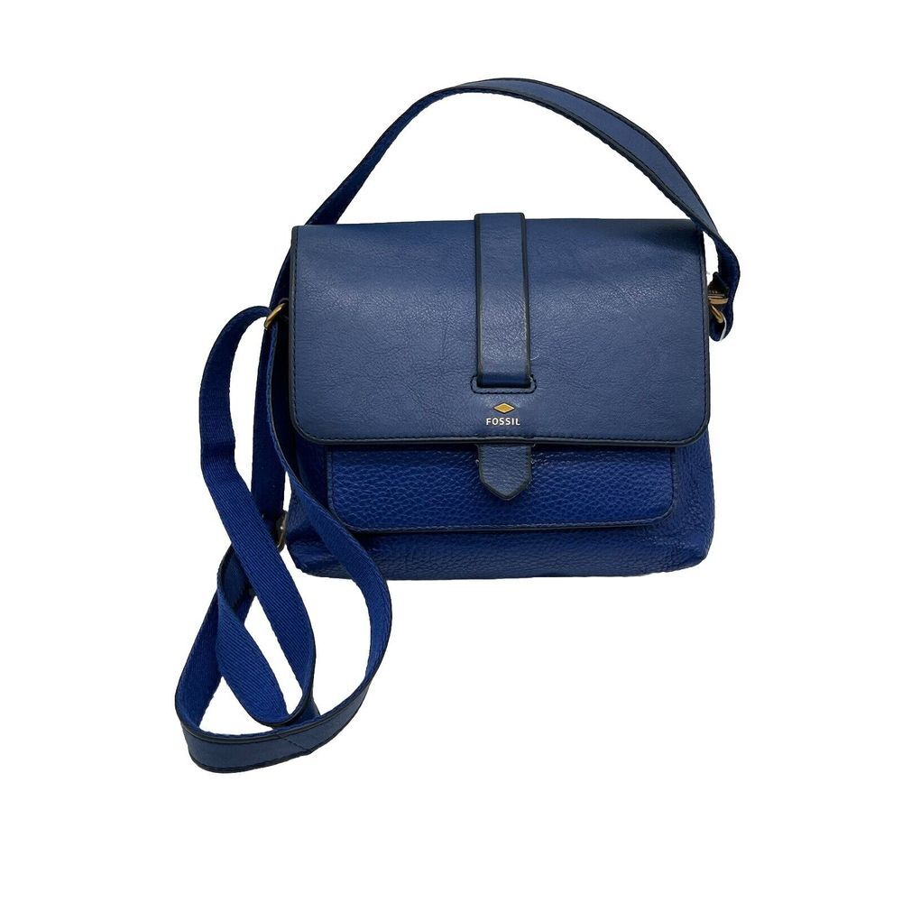 Fossil Kinley Crossbody Handbag Blue Adjustable Strap 7" x 9.5" Pebble Leather